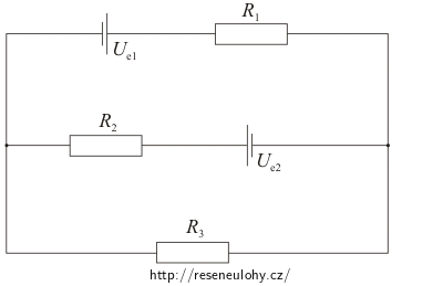 Schéma zapojení tří rezistorů a dvou elektromotorických zdrojů napětí